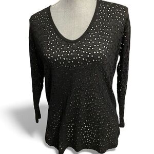 Majestic Filatures "Deluxe Teeshirt" Eyelit Style Black Layering V-Neck Top, M